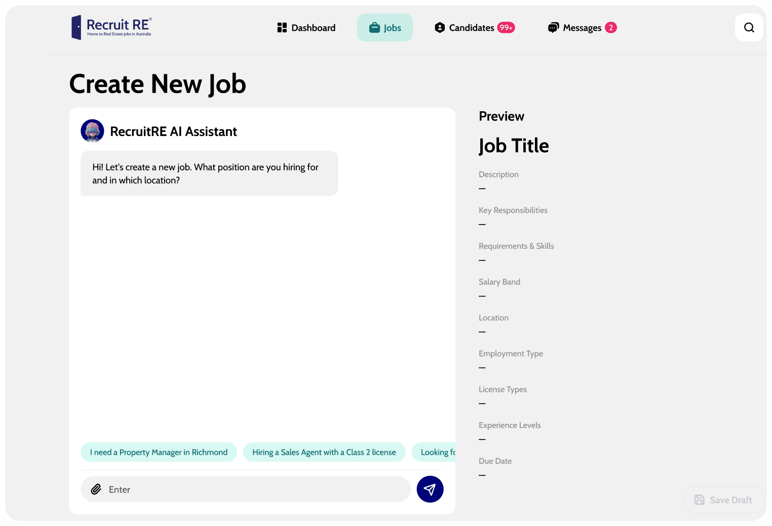 Recruit RE AI assistant creating a new job