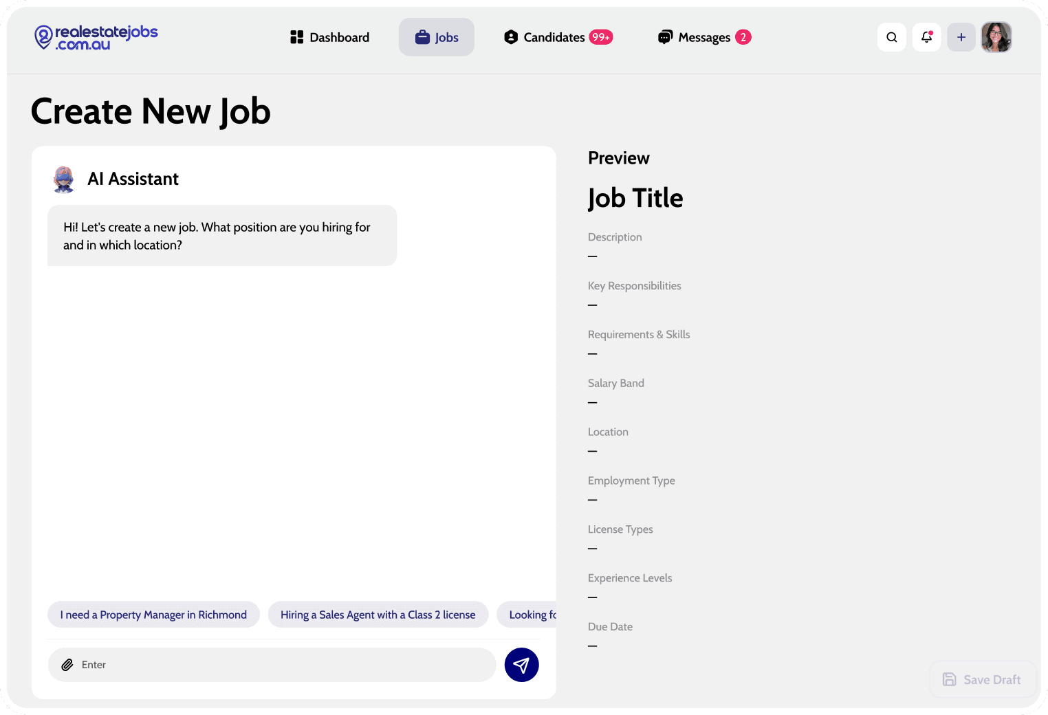 Real Estate Jobs Australia AI assistant creating a new job